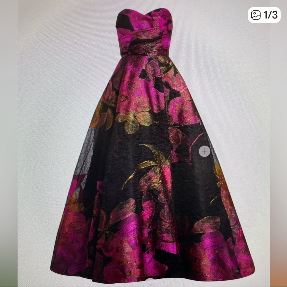 Amsale Strapless Cloque Ball Gown. Dress in deep pink and black